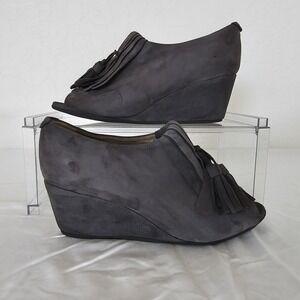 Anyi Lu Gray Suede Peep Toe‎ Wedge Booties with Tassels Women's US Size 9M